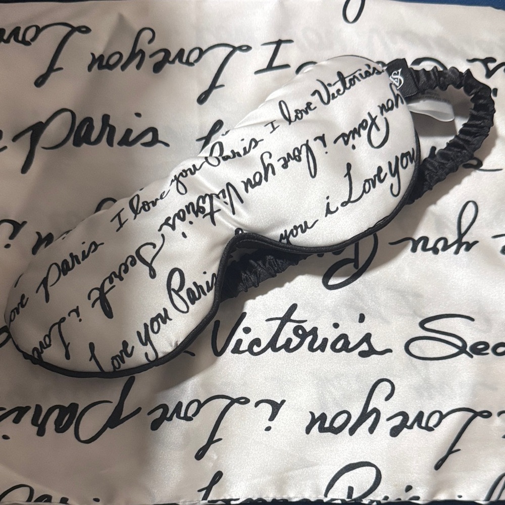 Victoria's Secret Black and White Script Sleep Mask & pillow case